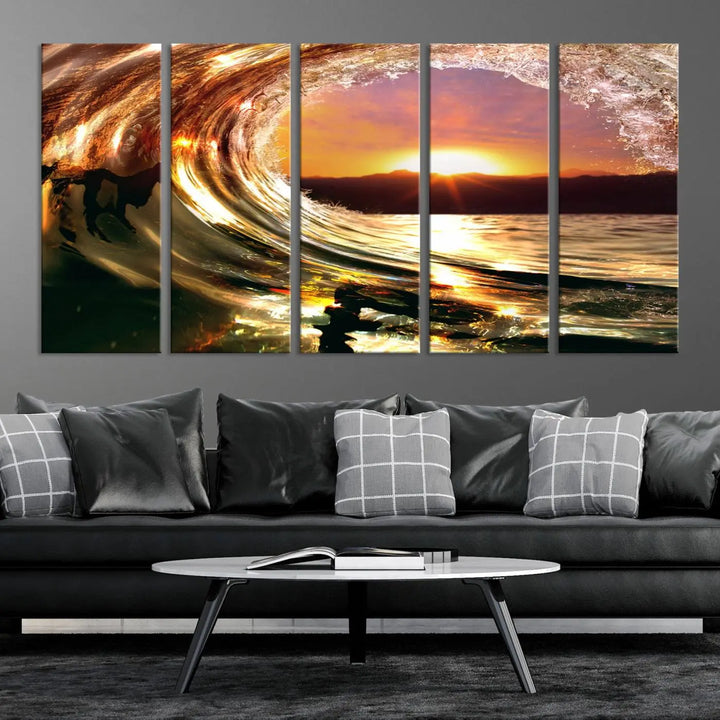 Golden Wave Sunset Triptych Canvas Art, Giclee Canvas Print of Ocean Wave and Sunset, Canon Print Quality with Gallery Wrap