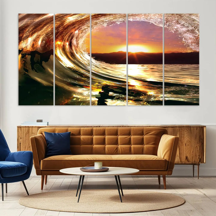 Golden Wave Sunset Triptych Canvas Art, Giclee Canvas Print of Ocean Wave and Sunset, Canon Print Quality with Gallery Wrap