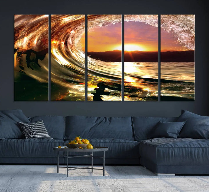 Golden Wave Sunset Triptych Canvas Art, Giclee Canvas Print of Ocean Wave and Sunset, Canon Print Quality with Gallery Wrap