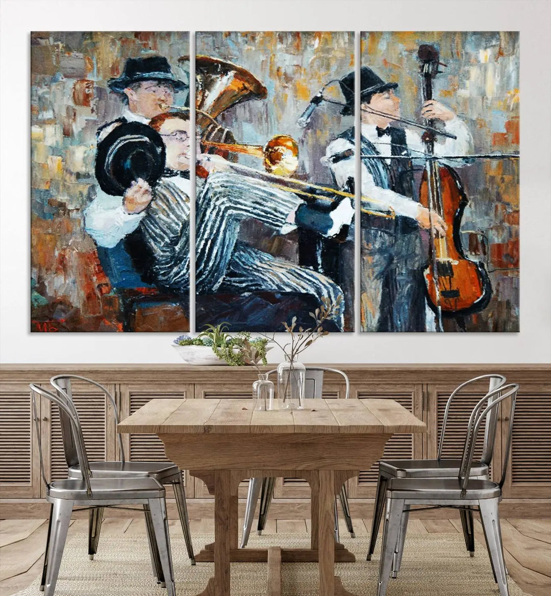 The Good Old Days Musicians Wall Art Canvas Print graces the wall, merging art with elegance. This museum-quality canvas comes with a UV-protective coating and is ready to hang.