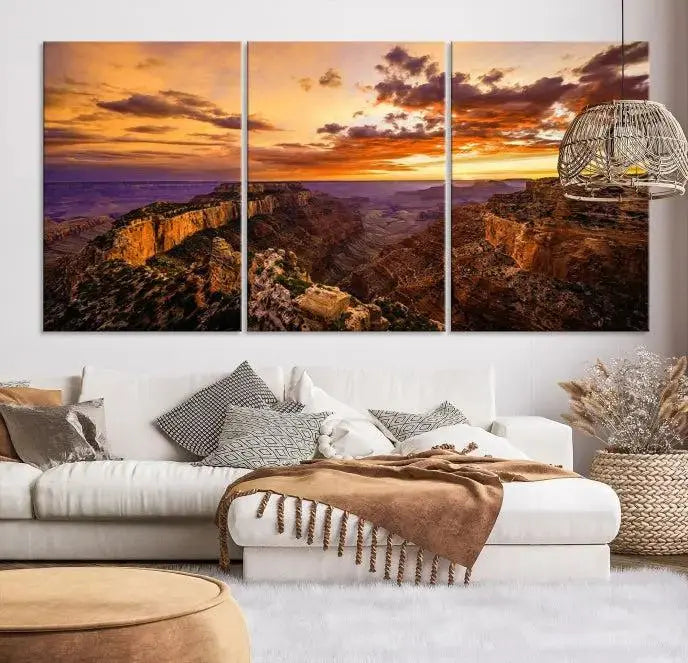 The Grand Canyon Wall Art Canvas Print features a triptych of a canyon sunset on museum-quality canvas.