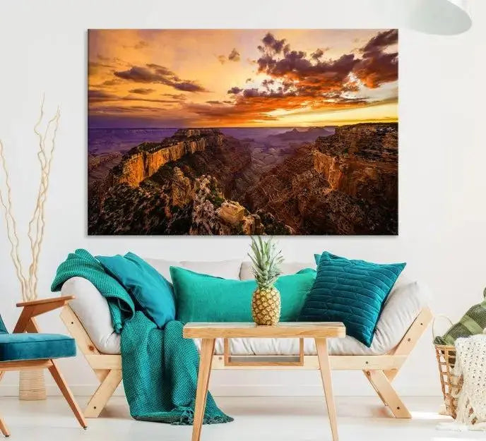 The Grand Canyon Wall Art Canvas Print features a triptych of a canyon sunset on museum-quality canvas.