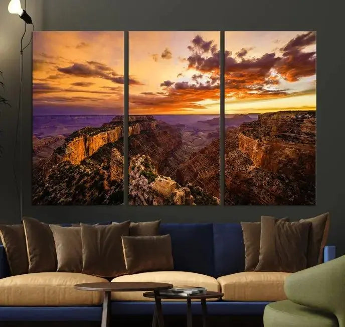 The Grand Canyon Wall Art Canvas Print features a triptych of a canyon sunset on museum-quality canvas.