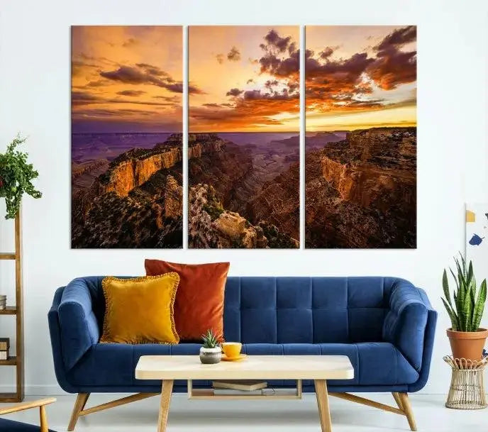 The Grand Canyon Wall Art Canvas Print features a triptych of a canyon sunset on museum-quality canvas.