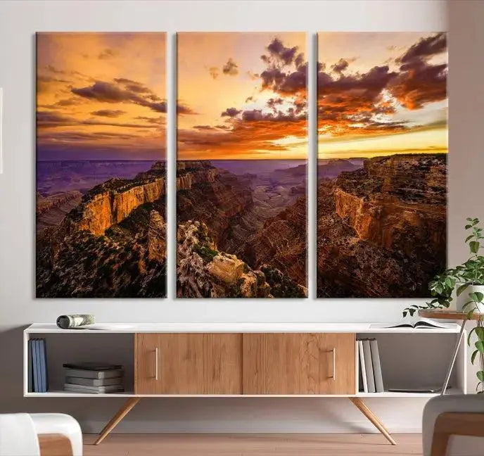 The Grand Canyon Wall Art Canvas Print features a triptych of a canyon sunset on museum-quality canvas.