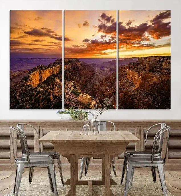 The Grand Canyon Wall Art Canvas Print features a triptych of a canyon sunset on museum-quality canvas.