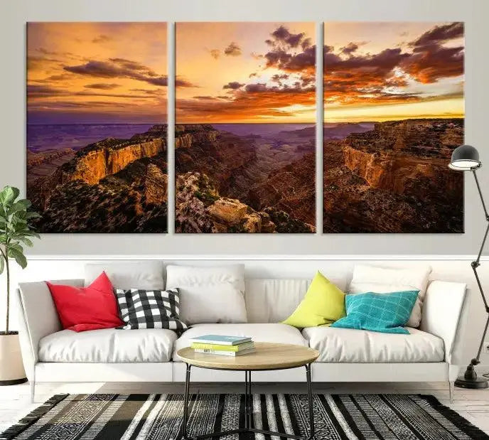 The Grand Canyon Wall Art Canvas Print features a triptych of a canyon sunset on museum-quality canvas.