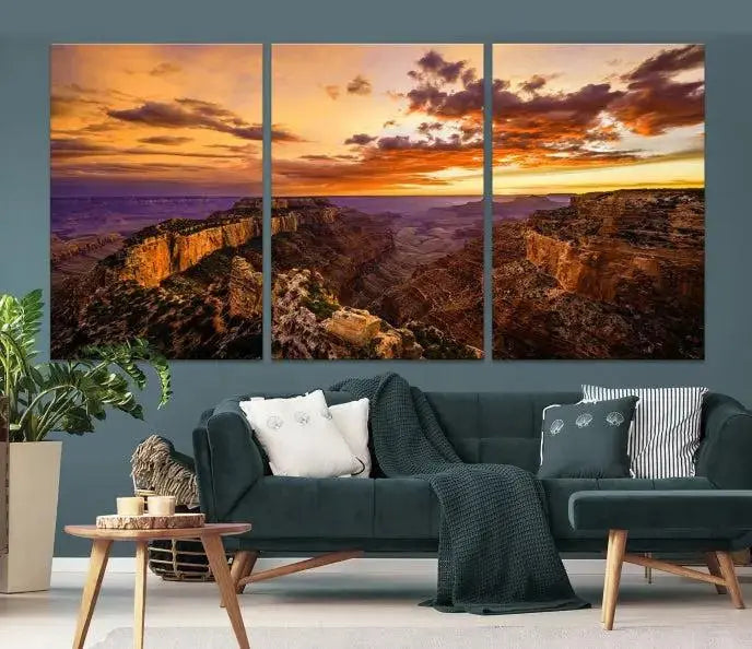 The Grand Canyon Wall Art Canvas Print features a triptych of a canyon sunset on museum-quality canvas.