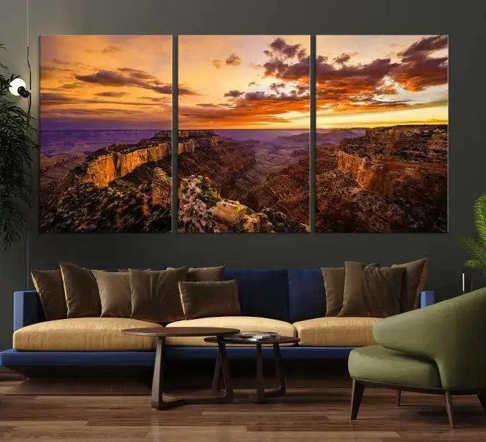 The Grand Canyon Wall Art Canvas Print features a triptych of a canyon sunset on museum-quality canvas.