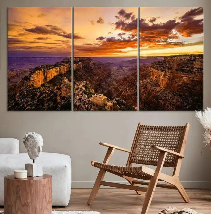 The Grand Canyon Wall Art Canvas Print features a triptych of a canyon sunset on museum-quality canvas.