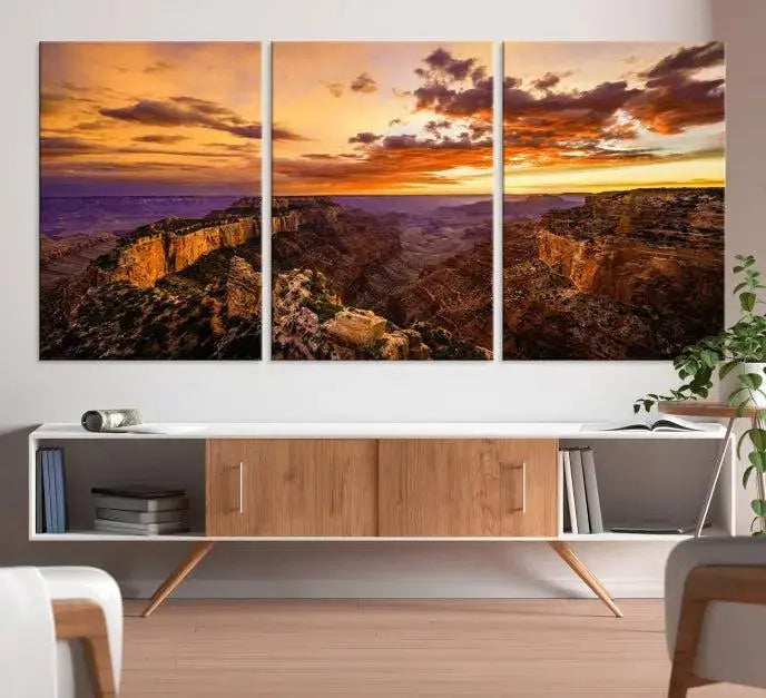 The Grand Canyon Wall Art Canvas Print features a triptych of a canyon sunset on museum-quality canvas.