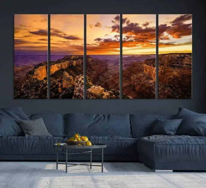 The Grand Canyon Wall Art Canvas Print features a triptych of a canyon sunset on museum-quality canvas.