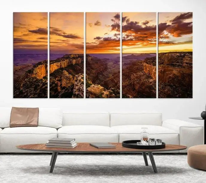 The Grand Canyon Wall Art Canvas Print features a triptych of a canyon sunset on museum-quality canvas.