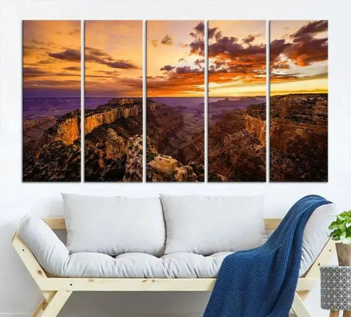 The Grand Canyon Wall Art Canvas Print features a triptych of a canyon sunset on museum-quality canvas.