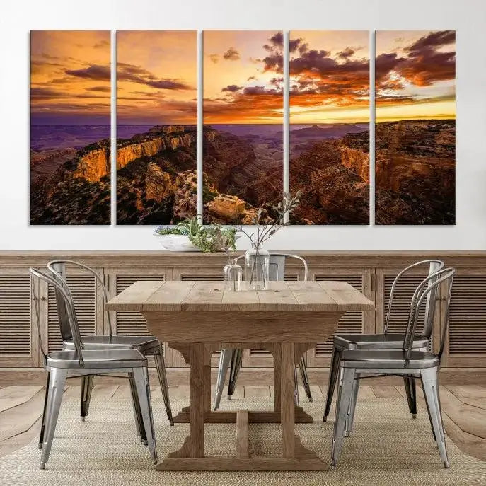 The Grand Canyon Wall Art Canvas Print features a triptych of a canyon sunset on museum-quality canvas.