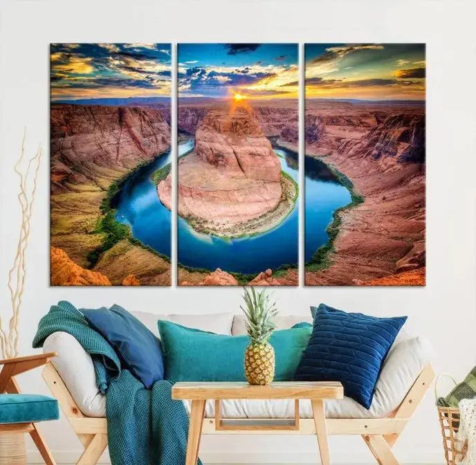 The Grand Canyon Wall Art Canvas Print, a triptych depicting Horseshoe Bend at sunset, adorns the wall.