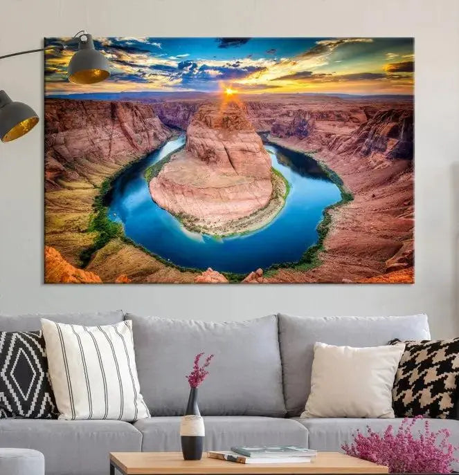 The Grand Canyon Wall Art Canvas Print, a triptych depicting Horseshoe Bend at sunset, adorns the wall.