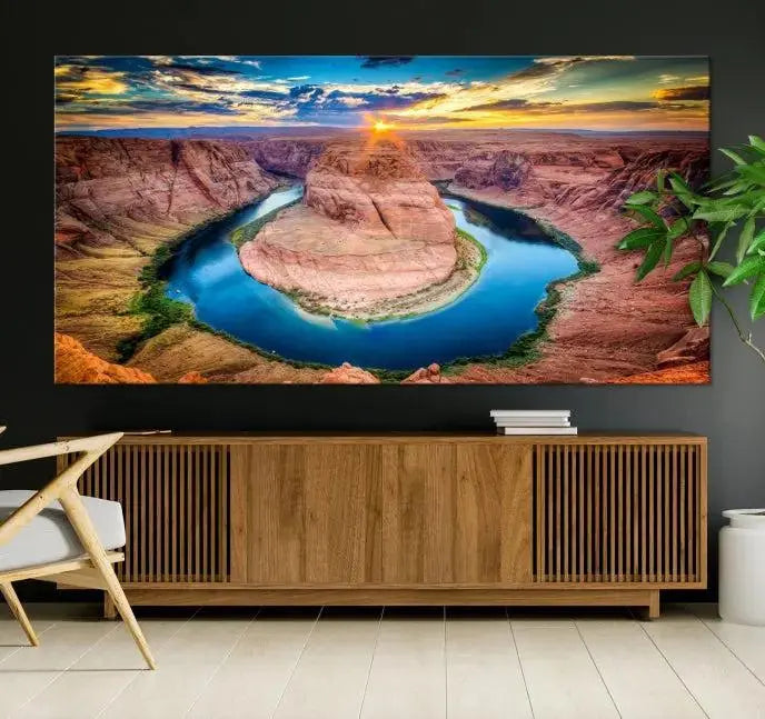 The Grand Canyon Wall Art Canvas Print, a triptych depicting Horseshoe Bend at sunset, adorns the wall.