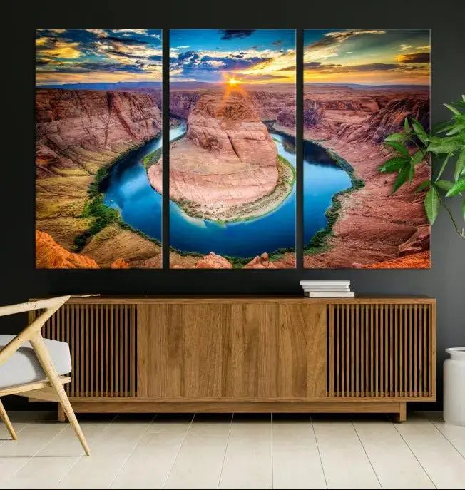 The Grand Canyon Wall Art Canvas Print, a triptych depicting Horseshoe Bend at sunset, adorns the wall.