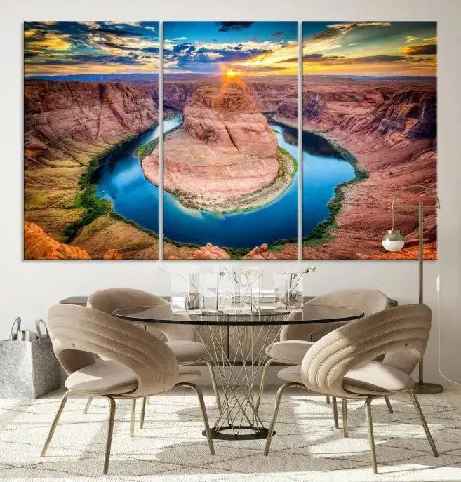 The Grand Canyon Wall Art Canvas Print, a triptych depicting Horseshoe Bend at sunset, adorns the wall.