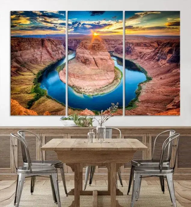 The Grand Canyon Wall Art Canvas Print, a triptych depicting Horseshoe Bend at sunset, adorns the wall.