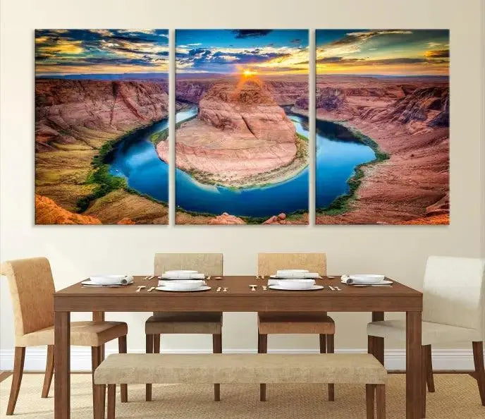 The Grand Canyon Wall Art Canvas Print, a triptych depicting Horseshoe Bend at sunset, adorns the wall.