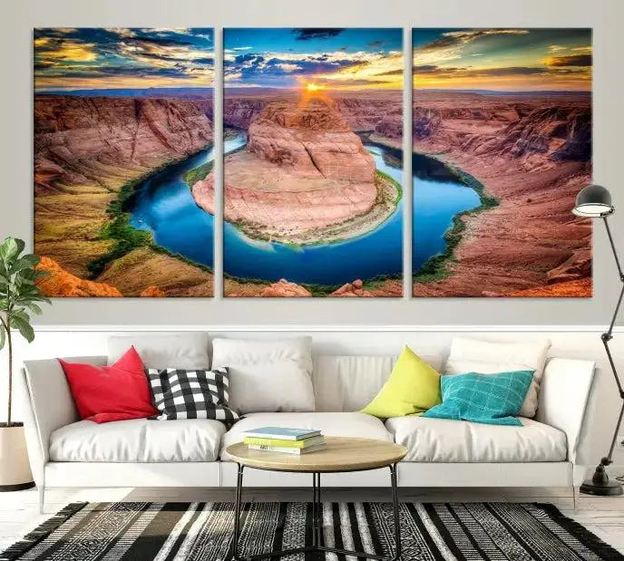 The Grand Canyon Wall Art Canvas Print, a triptych depicting Horseshoe Bend at sunset, adorns the wall.