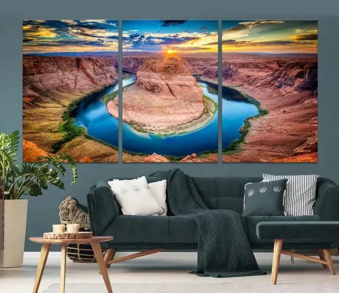 The Grand Canyon Wall Art Canvas Print, a triptych depicting Horseshoe Bend at sunset, adorns the wall.