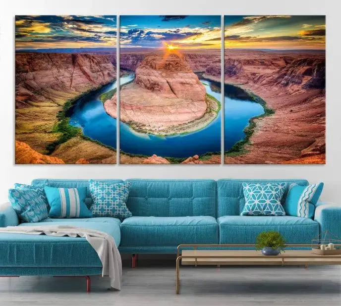 The Grand Canyon Wall Art Canvas Print, a triptych depicting Horseshoe Bend at sunset, adorns the wall.