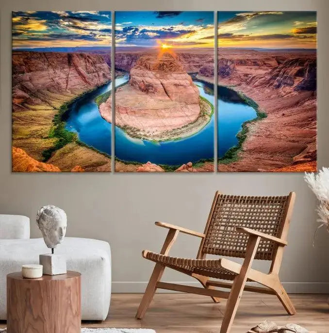 The Grand Canyon Wall Art Canvas Print, a triptych depicting Horseshoe Bend at sunset, adorns the wall.