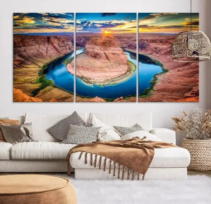 The Grand Canyon Wall Art Canvas Print, a triptych depicting Horseshoe Bend at sunset, adorns the wall.