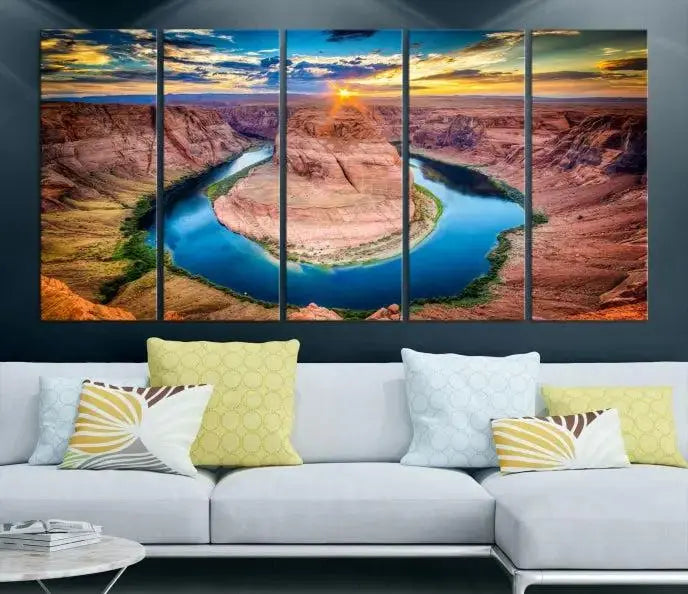 The Grand Canyon Wall Art Canvas Print, a triptych depicting Horseshoe Bend at sunset, adorns the wall.