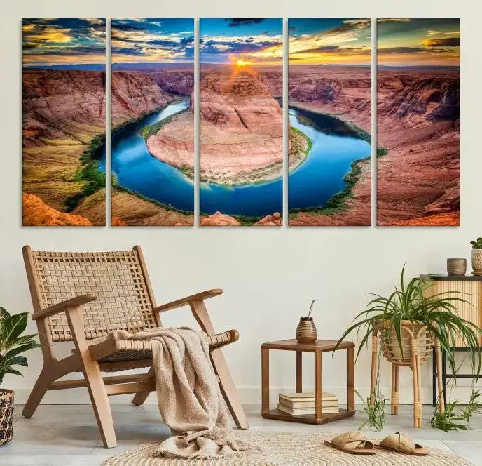 The Grand Canyon Wall Art Canvas Print, a triptych depicting Horseshoe Bend at sunset, adorns the wall.