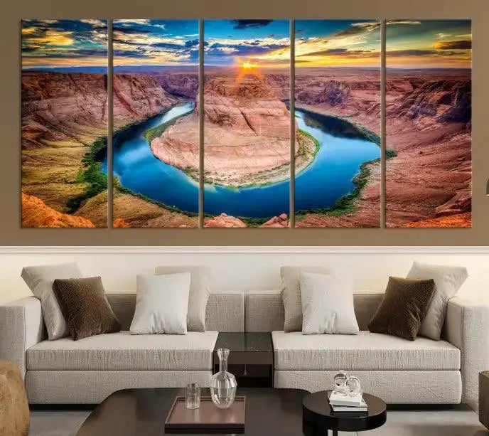 The Grand Canyon Wall Art Canvas Print, a triptych depicting Horseshoe Bend at sunset, adorns the wall.