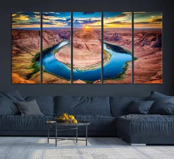 The Grand Canyon Wall Art Canvas Print, a triptych depicting Horseshoe Bend at sunset, adorns the wall.