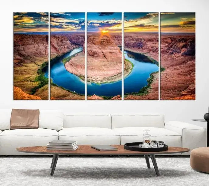 The Grand Canyon Wall Art Canvas Print, a triptych depicting Horseshoe Bend at sunset, adorns the wall.