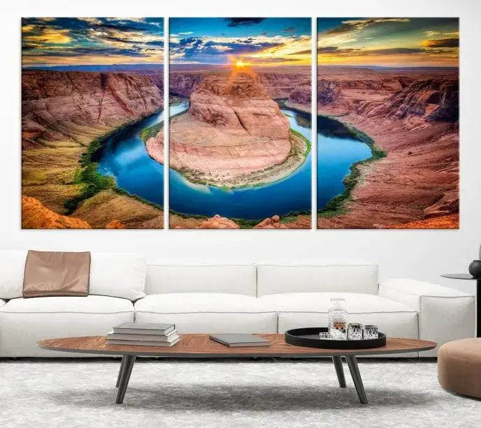 The Grand Canyon Wall Art Canvas Print, a triptych depicting Horseshoe Bend at sunset, adorns the wall.