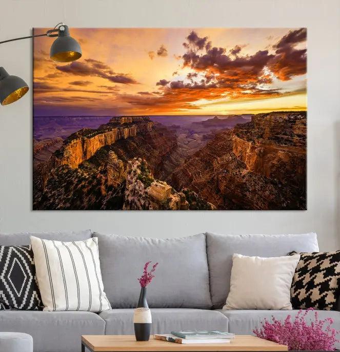 The Grand Canyon Wall Art Canvas Print features a triptych of a canyon sunset on museum-quality canvas.