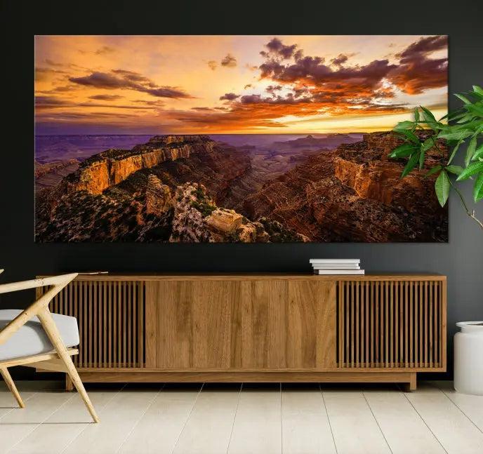 The Grand Canyon Wall Art Canvas Print features a triptych of a canyon sunset on museum-quality canvas.