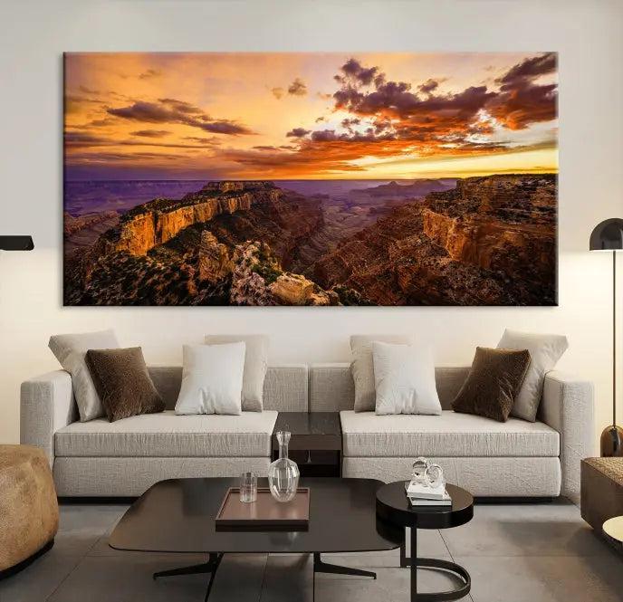 The Grand Canyon Wall Art Canvas Print features a triptych of a canyon sunset on museum-quality canvas.