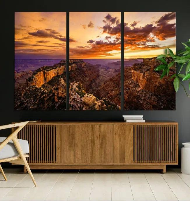 The Grand Canyon Wall Art Canvas Print features a triptych of a canyon sunset on museum-quality canvas.