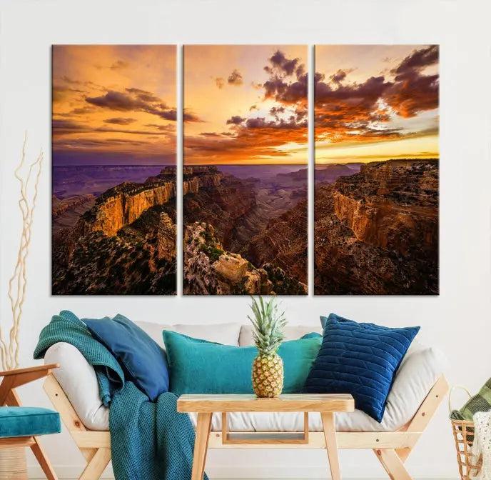 The Grand Canyon Wall Art Canvas Print features a triptych of a canyon sunset on museum-quality canvas.