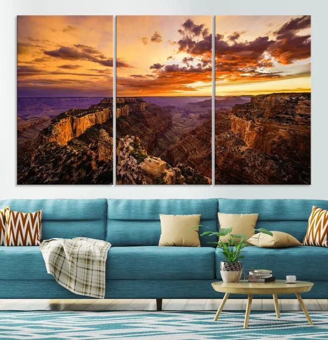 The Grand Canyon Wall Art Canvas Print features a triptych of a canyon sunset on museum-quality canvas.