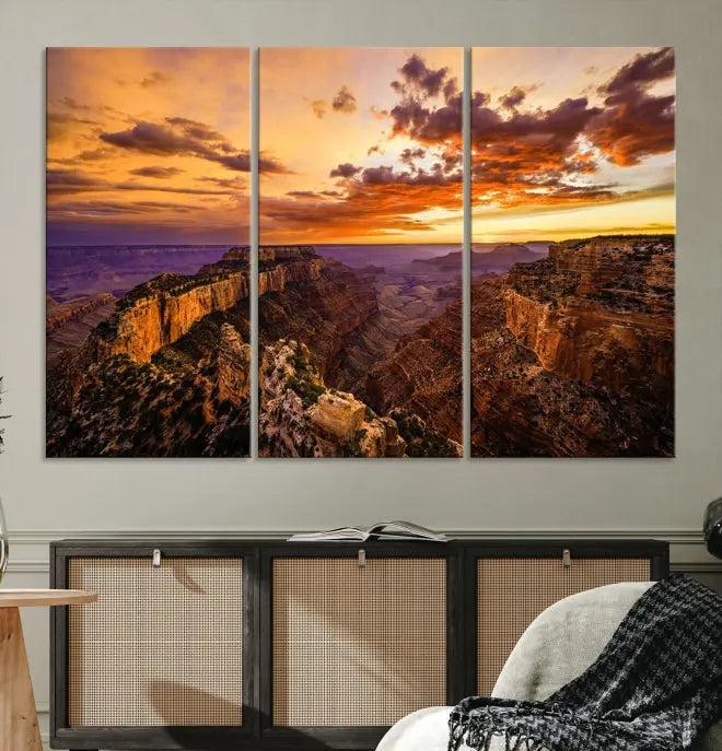 The Grand Canyon Wall Art Canvas Print features a triptych of a canyon sunset on museum-quality canvas.