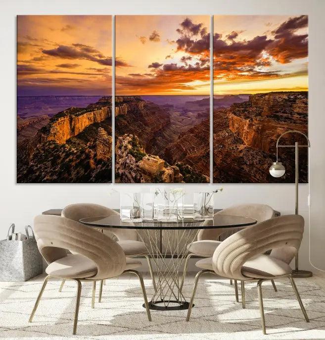 The Grand Canyon Wall Art Canvas Print features a triptych of a canyon sunset on museum-quality canvas.