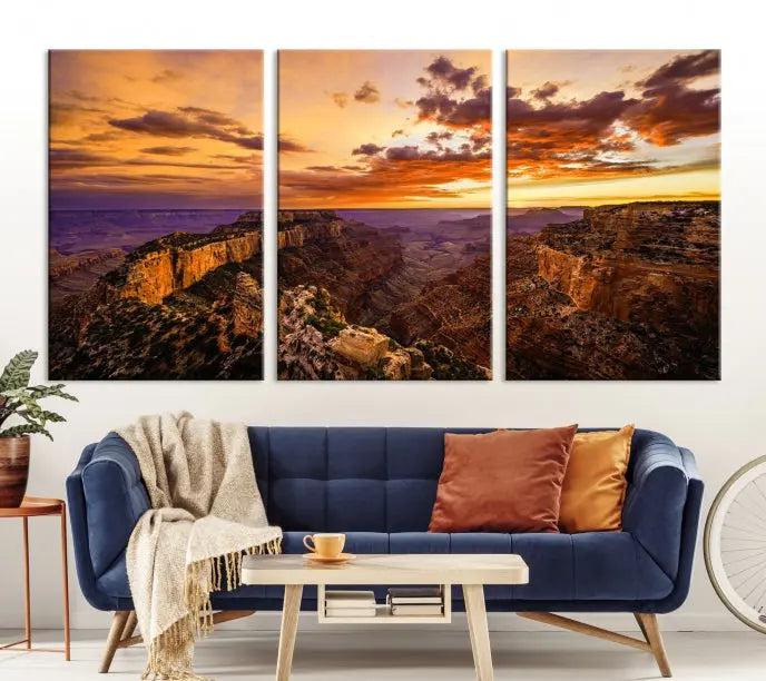 The Grand Canyon Wall Art Canvas Print features a triptych of a canyon sunset on museum-quality canvas.