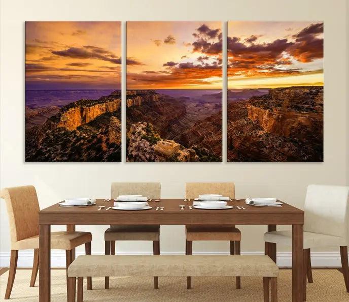 The Grand Canyon Wall Art Canvas Print features a triptych of a canyon sunset on museum-quality canvas.