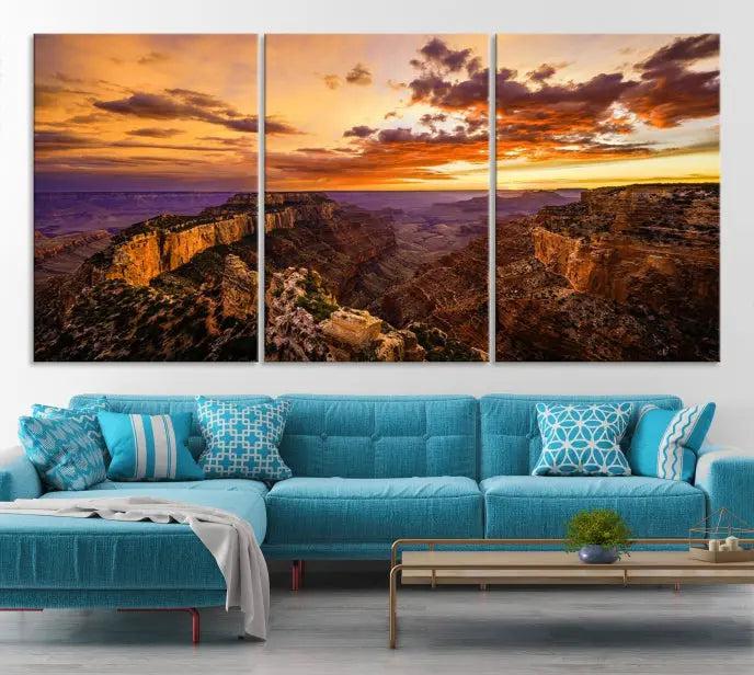 The Grand Canyon Wall Art Canvas Print features a triptych of a canyon sunset on museum-quality canvas.