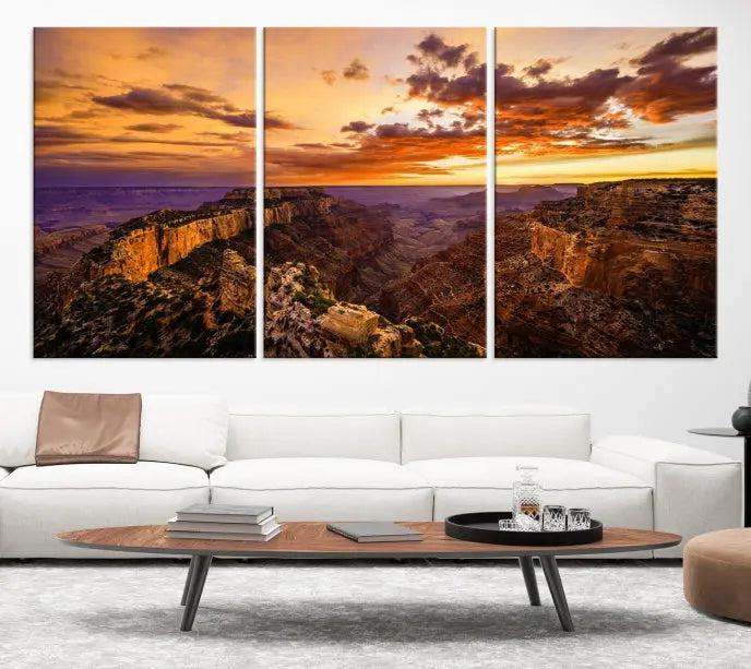 The Grand Canyon Wall Art Canvas Print features a triptych of a canyon sunset on museum-quality canvas.