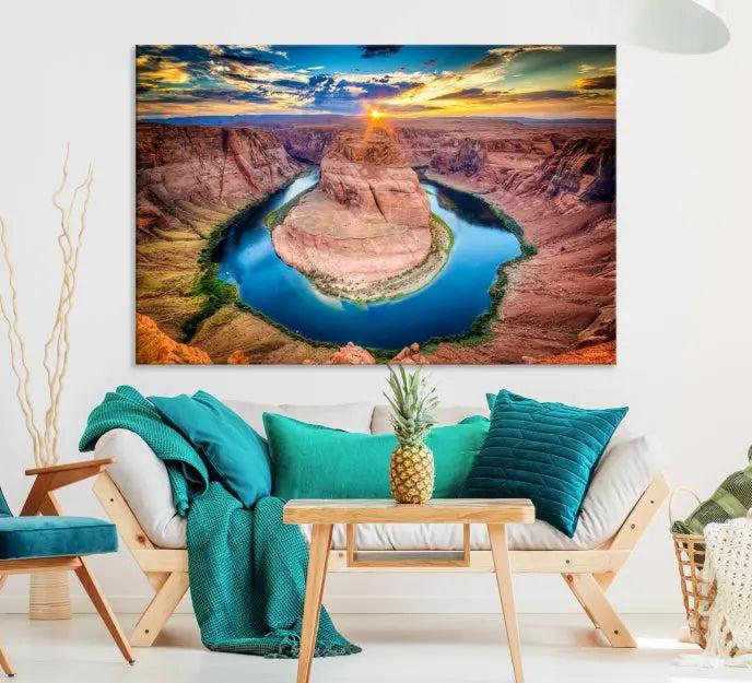 The Grand Canyon Wall Art Canvas Print, a triptych depicting Horseshoe Bend at sunset, adorns the wall.